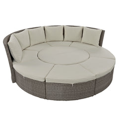 5-Piece Round Rattan Sectional Sofa Set All-Weather Sunbed Daybed with Round Liftable Table and Cushions, Gray