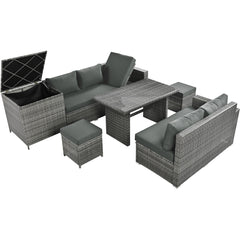 Outdoor 6-Piece All Weather PE Rattan Sofa Set with Adjustable Seat, Storage Box, Removable Covers and Tempered Glass Top Table,Grey