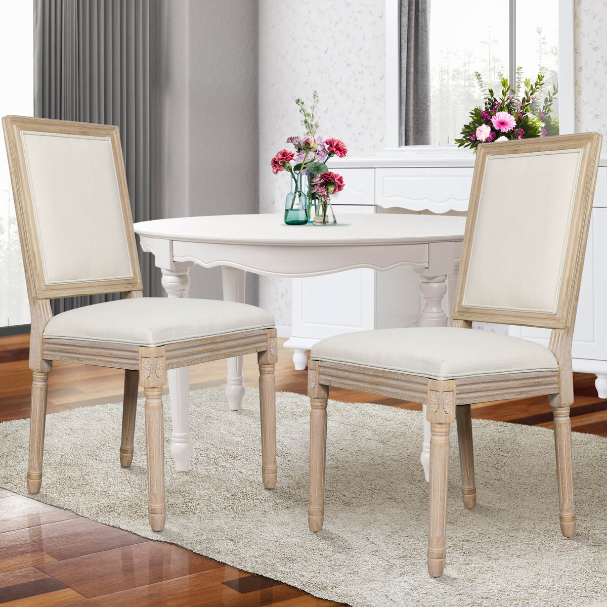 2 Pcs French Dining Chair, Linen Fabric Upholstered Farmhouse Dining Chairs