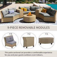 6-Person Half-Round Rattan Outdoor Sectional Sofa with Cushions and Table