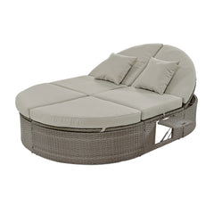 2-Person Daybed with Cushions and Pillows, Rattan Garden Reclining Chaise Lounge with Adjustable Backrests and Foldable Cup Trays, Gray