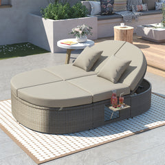 2-Person Daybed with Cushions and Pillows, Rattan Garden Reclining Chaise Lounge with Adjustable Backrests and Foldable Cup Trays, Gray