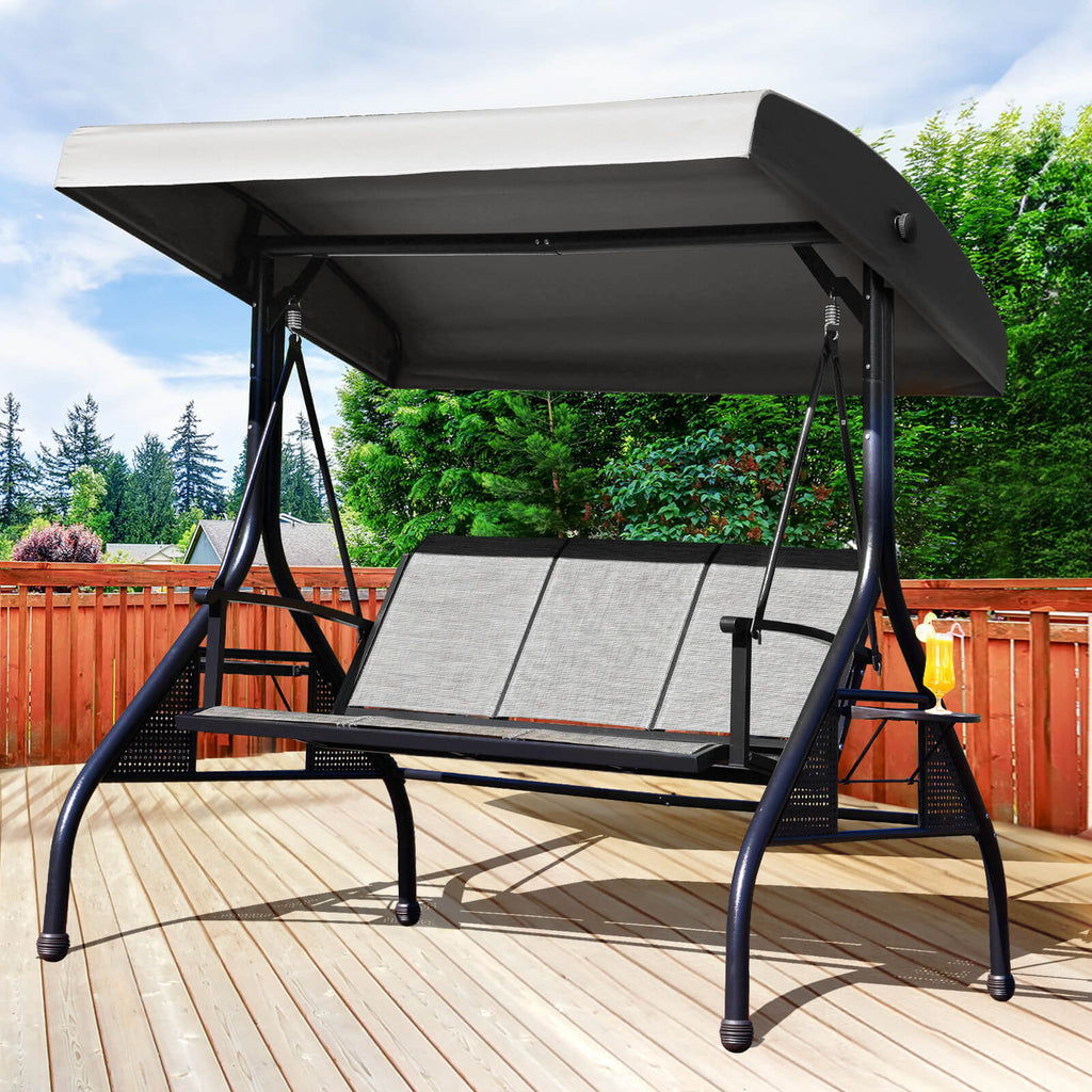 3-Seat Outdoor Porch Swings Adjustable Canopy Swing with Cup Holders ...