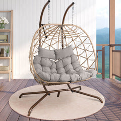 2-Person Indoor Outdoor Egg Hanging Chair with Stand, Patio Wicker Swing Egg Chair with Cushions & Neck Pillows