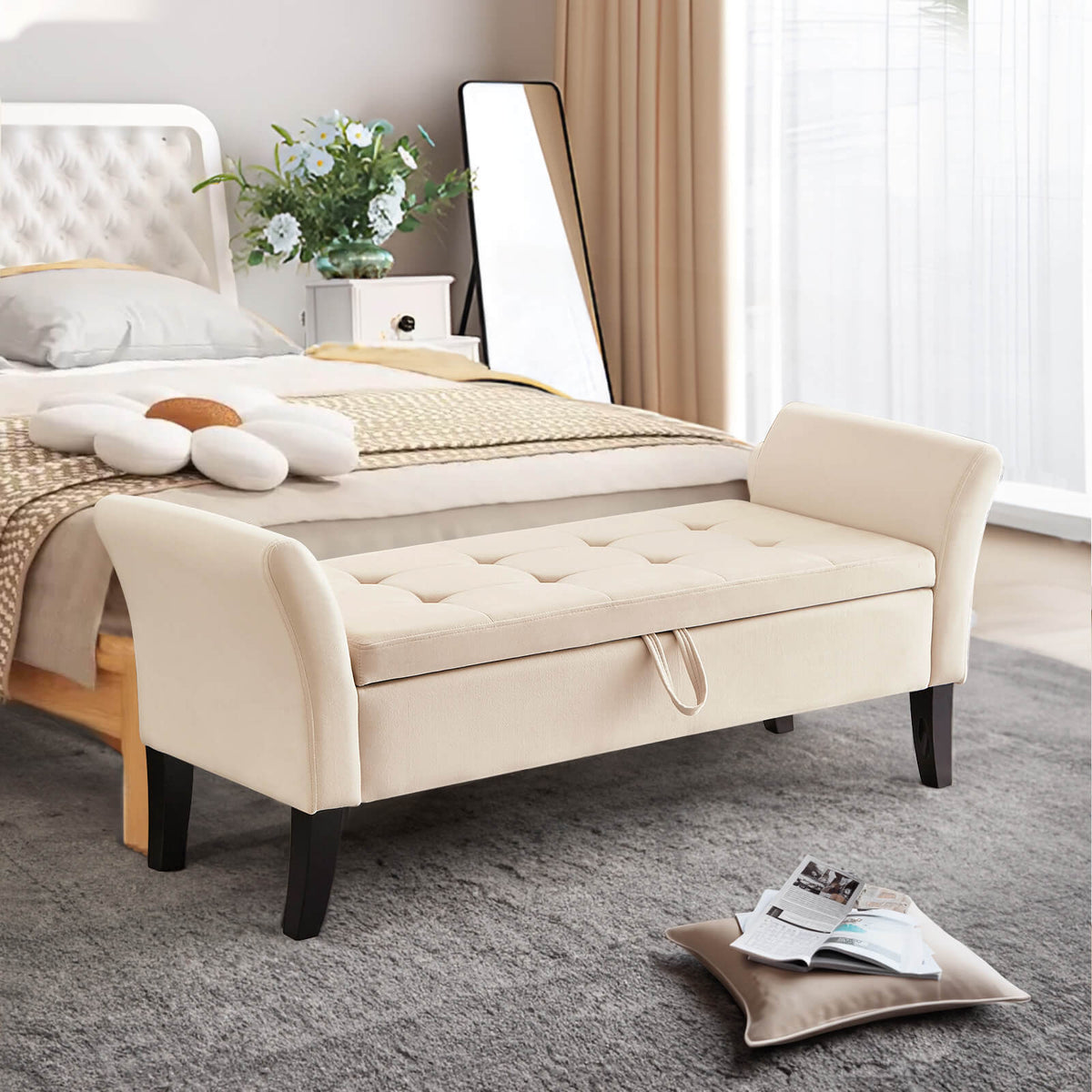 NOBLEMOOD 51.5"  Velvet End of Bed Storage Bench w/ Curved Armrests & Wood Lges for Bedroom Living Room, Beige