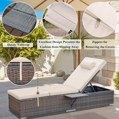 2 Pcs Patio Chaise Lounge Chairs w/ 6 Reclining Positions, Wheels & Small Pillow, Khaki Cushion