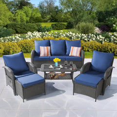 6 Pieces Patio Furniture Set w/ Reclining Chairs, Outdoor Sectional Rattan Conversation Set w/ Ottoman, Coffee Table, Furniture Cover & Blue Cushions