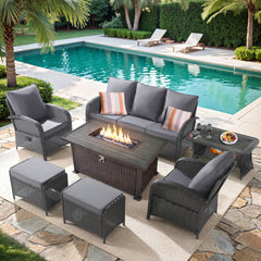 6 Pieces Wicker Patio Conversation Set with 48inch Fire Pit Table, Reclining Chairs, Cushions and Furniture Cover