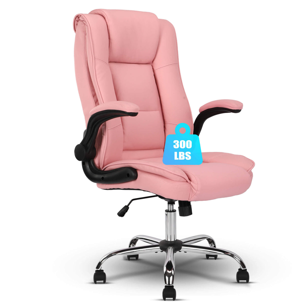 Office Chair Pink Executive Chair PU Leather Home Desk Chair with Flip-up Armrests High Back Ergonomic Swivel Chair with Wheels