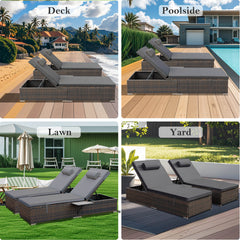 2 Pcs Patio Chaise Lounge Chairs w/ 6 Reclining Positions, Wheels & Small Pillow, Gray Cushion