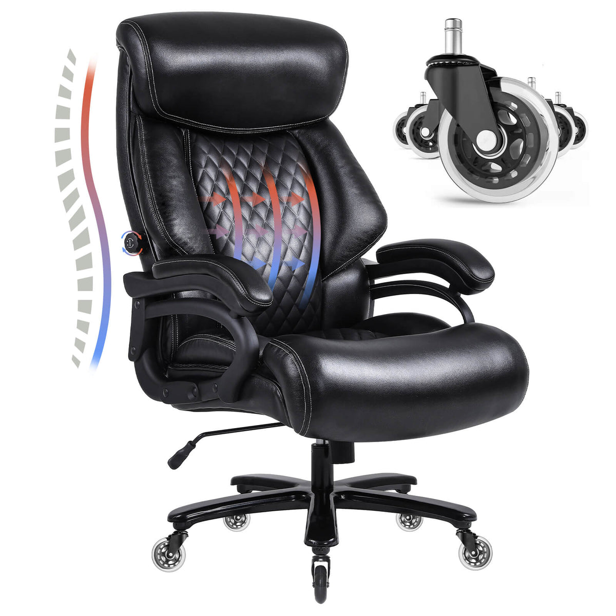 Big and Tall Office Chair 500lbs for Heavy People with Quiet Rubber Wheels High Back Leather Executive Office Chair with Double Adjustment Lumbar Support