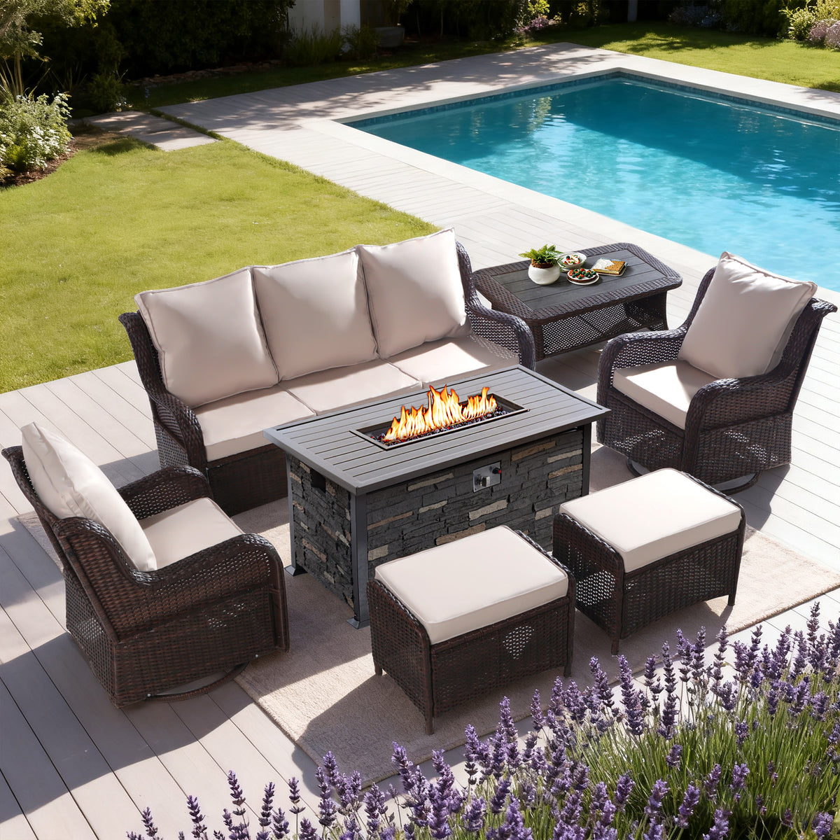 6 Pieces Outdoor Wicker Patio Conversation Set with Fire Pit Table, Swivel Rocker Chairs, Furniture Cover, Coffee Table, Ottoman & Khaki Cushions