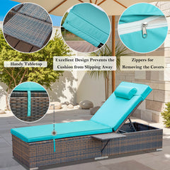 2 Pcs Patio Chaise Lounge Chairs w/ 6 Reclining Positions, Wheels & Small Pillow, Blue Cushion