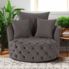 NOBLEMOOD Velvet Swivel Accent Barrel Chair with Button Tuefted and 3 Pillows for Living Room Bedroom, Grey