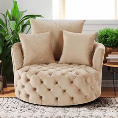 NOBLEMOOD Velvet Swivel Accent Barrel Chair with Button Tuefted and 3 Pillows for Living Room Bedroom, Khaki