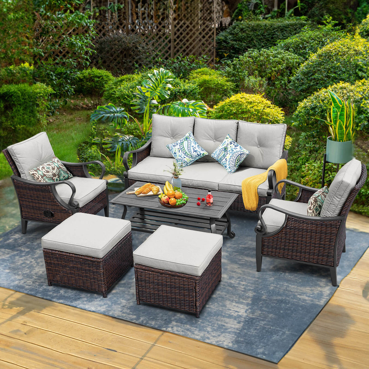 Upgraded 6 Pcs Outdoor Sectional Sofa with Reclining Backrest, Storage Table, Ottomans, Light Grey Cushions