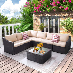 7 Pcs Outdoor Sectional Sofa with 3.14" Thick Cushions, Coffee Table, Brown Rattan