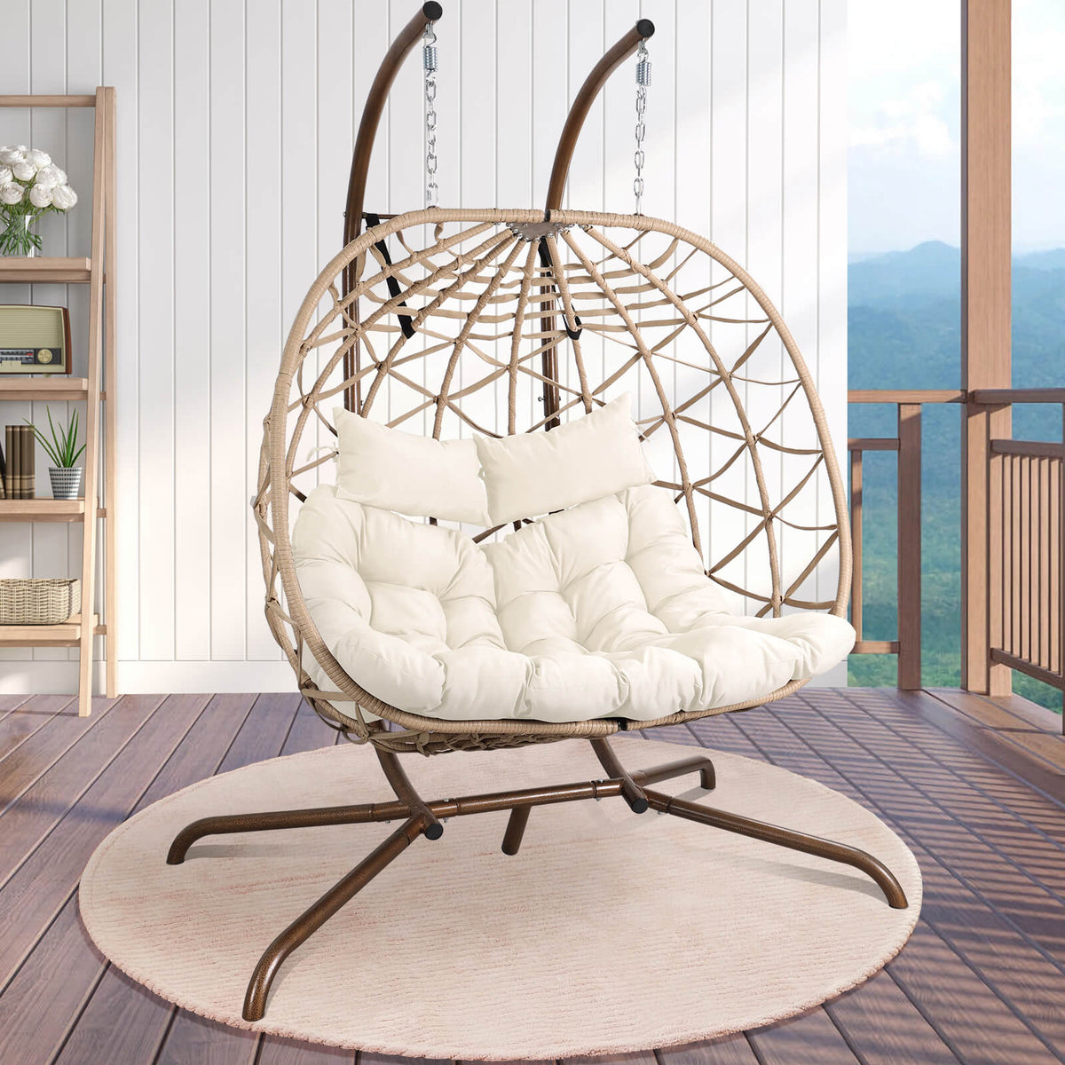 2-Person Indoor Outdoor Egg Hanging Chair with Stand, Patio Wicker Swing Egg Chair with Cushions & Neck Pillows