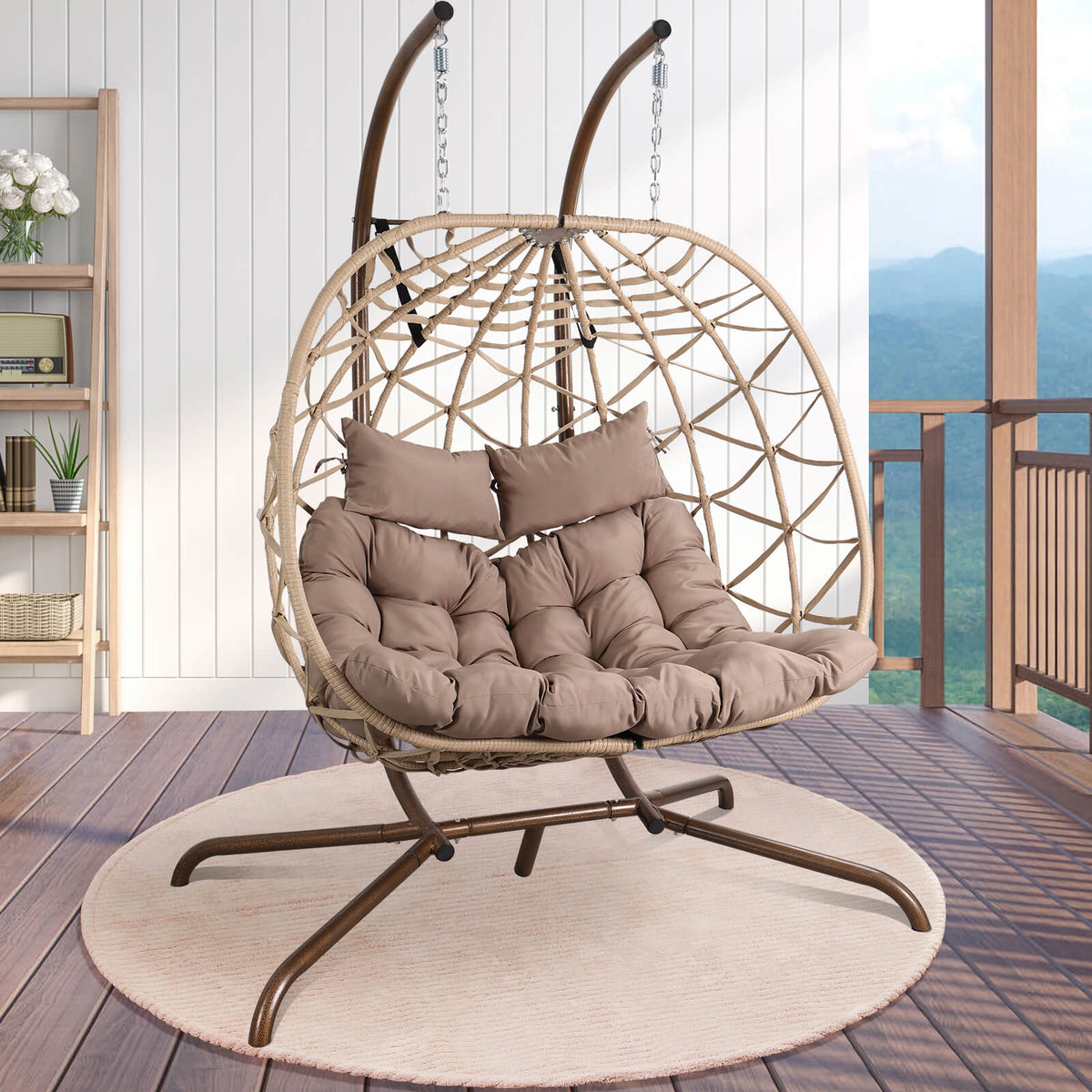 2-Person Indoor Outdoor Egg Hanging Chair with Stand, Patio Wicker Swing Egg Chair with Cushions & Neck Pillows