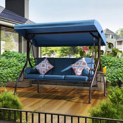 3-Seat Outdoor Porch Swing Chair with Adjustable Canopy, 2 Foldable Side Trays, 3 Cushions & 2 Pillows, Blue