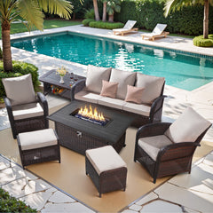 6 Pieces Wicker Patio Conversation Set with 48inch Fire Pit Table, Reclining Chairs, Cushions and Furniture Cover