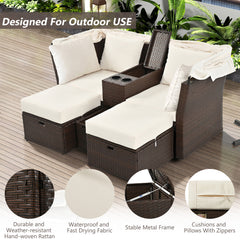 2-Seater Outdoor Double Daybed Patio Loveseat Sofa Set with Foldable Awning and Cushions, Beige