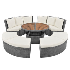 5-Piece Round Rattan Sectional Sofa Set All-Weather Sunbed Daybed with Round Liftable Table and Cushions, Beige