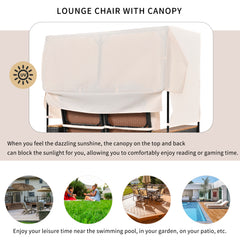 2-Piece Outdoor Rattan Bench Lounge Set, with Canopy, UV Protection Fabric & Waterproof Cushions and Adjustable Backrest