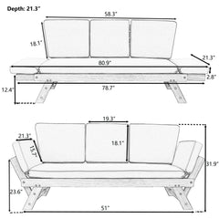 Outdoor Adjustable Patio Wooden Daybed Sofa Chaise Lounge with Cushions, Brown Finish+Gray Cushion