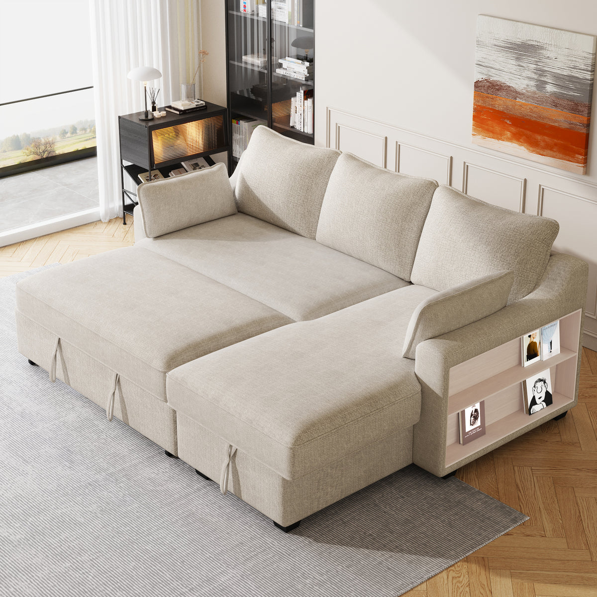 90" Pull Out Sleeper Sofa L-Shaped Couch Convertible Sofa Bed with Storage Chaise, Storage Racks and USB Ports (SG001340AA), Beige