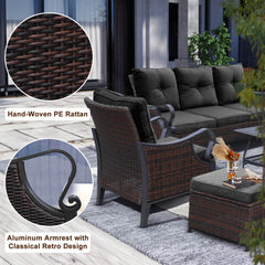 Upgraded 6 Pcs Outdoor Sectional Sofa with Reclining Backrest, Storage Table, Ottomans, Black Cushions