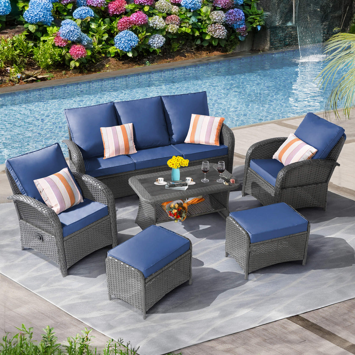 6 Pieces Patio Furniture Set w/ Reclining Chairs, Outdoor Sectional Rattan Conversation Set w/ Ottoman, Coffee Table, Furniture Cover & Blue Cushions