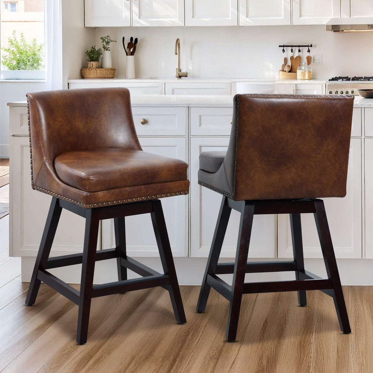 26” Counter Height Bar Stools Set of 2, Upholstered Island Chairs Stool Bar Chairs with 360° Swivel, Brown Leather