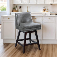 26” Counter Height Bar Stools, Upholstered Island Chairs Stool Bar Chairs with 360° Swivel, Grey Leather