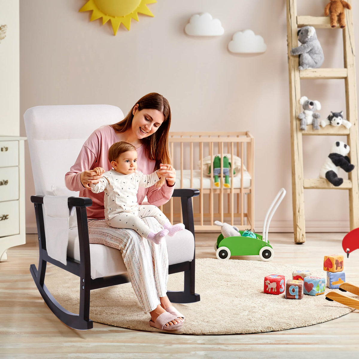 Nursery Rocking Chair with Ottoman, High Back Upholstered Rocker w/ Rubber Foot Pad, Detachable Storage Bag & Pillow