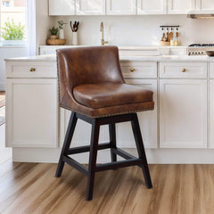 26” Counter Height Bar Stools, Upholstered Island Chairs Stool Bar Chairs with 360° Swivel, Brown Leather