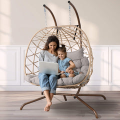 2-Person Indoor Outdoor Egg Hanging Chair with Stand, Patio Wicker Swing Egg Chair with Cushions & Neck Pillows