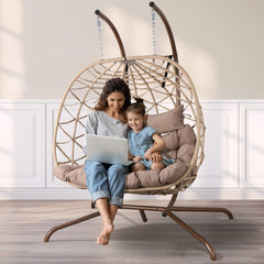 2-Person Indoor Outdoor Egg Hanging Chair with Stand, Patio Wicker Swing Egg Chair with Cushions & Neck Pillows