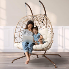 2-Person Indoor Outdoor Egg Hanging Chair with Stand, Patio Wicker Swing Egg Chair with Cushions & Neck Pillows