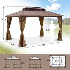 10'x13' Patio Hardtop Gazebo Canopy Polycarbonate Double-Roof w/ Netting & Curtains, Brown
