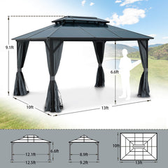 10'x13' Patio Hardtop Gazebo Canopy Polycarbonate Double-Roof w/ Netting & Curtains, Black