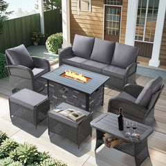 6 Pieces Outdoor Conversation Sofa Set w/ Swivel Rocker Chairs, Coffee Table, Ottoman, Furniture Cover & Grey Cushions (Copy)