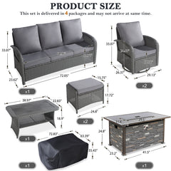 6 Pieces Outdoor Conversation Sofa Set w/ Swivel Rocker Chairs, Coffee Table, Ottoman, Furniture Cover & Grey Cushions (Copy)