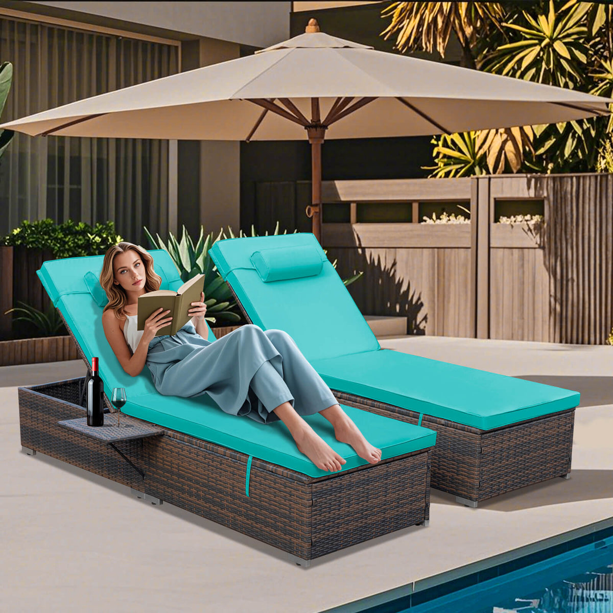 Patio Lounger Teal Grey Outdoor Chaise Lounge Head Resting Pillows
