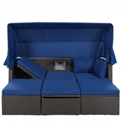 Outdoor Sectional Daybed with Retractable Canopy, Blue Cushions, Lifttop Coffee Table