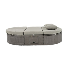 2-Person Daybed with Cushions and Pillows, Rattan Garden Reclining Chaise Lounge with Adjustable Backrests and Foldable Cup Trays, Gray