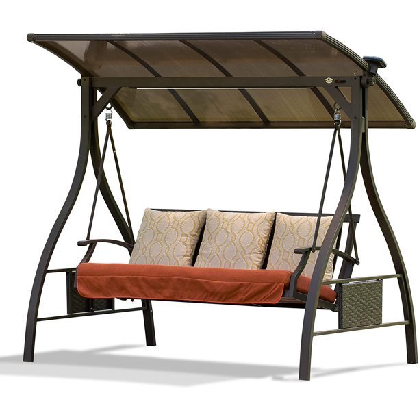 Patio Porch Swing 3 Person Hammock Swing Glider with Solar LED Light and 3 Sunbrella Cushions, Adjustable Canopy