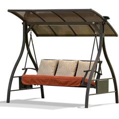 Patio Porch Swing 3 Person Hammock Swing Glider with Solar LED Light and 3 Sunbrella Cushions, Adjustable Canopy