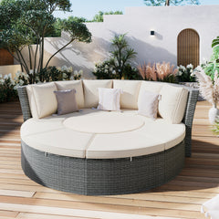 5-Piece Round Rattan Sectional Sofa Set All-Weather Sunbed Daybed with Round Liftable Table and Cushions, Beige