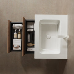 BRON 24" Bathroom Vanity with Sink, Modern Wall-Mounted Floating Plywood Bathroom Storage Cabinet with 2 Drawers, White Ceramic Basin with Sink Hole Cover and Drain, Pre-assembled, Natural Walnut